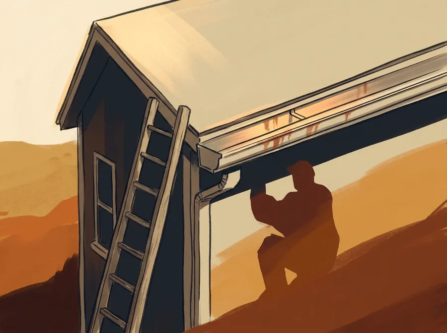 Stylized illustration of a ladder leaning against a roof eave, for gutter cleaning