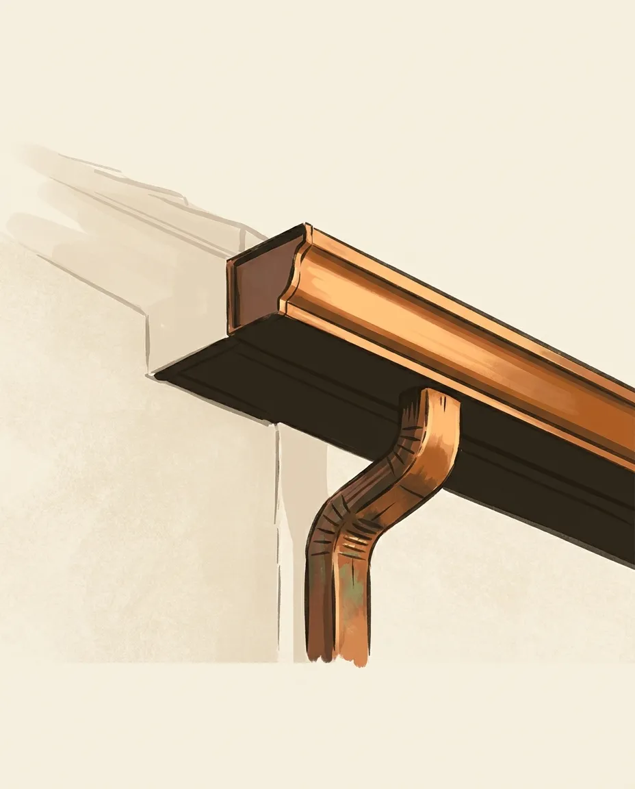 Illustration of a seamless aluminum gutter trough turning a corner into a downspout, rain leaving the roof edge