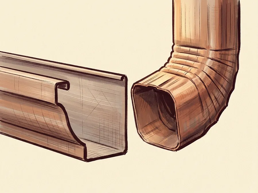 Illustration of a 6-inch K-style aluminum gutter profile in cross-section beside an oversized downspout outlet