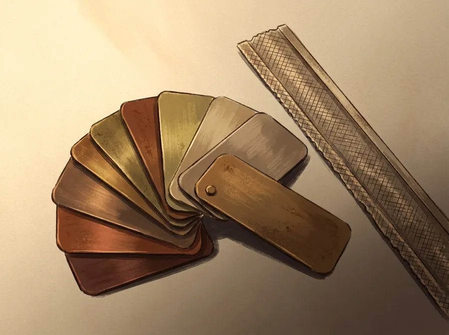 Illustration of a fanned row of aluminum gutter color swatches beside a gutter guard mesh texture strip